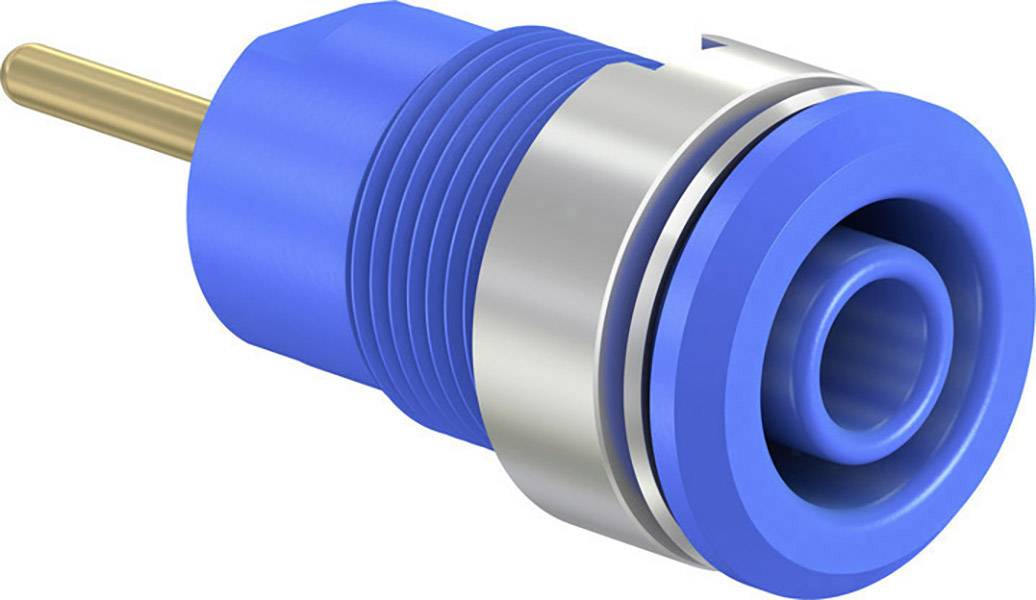 Blauer Adapterstecker mit Metallring und goldfarbenem Kontaktstift. Geeignet für elektrische Verbindungen in technischen Geräten.