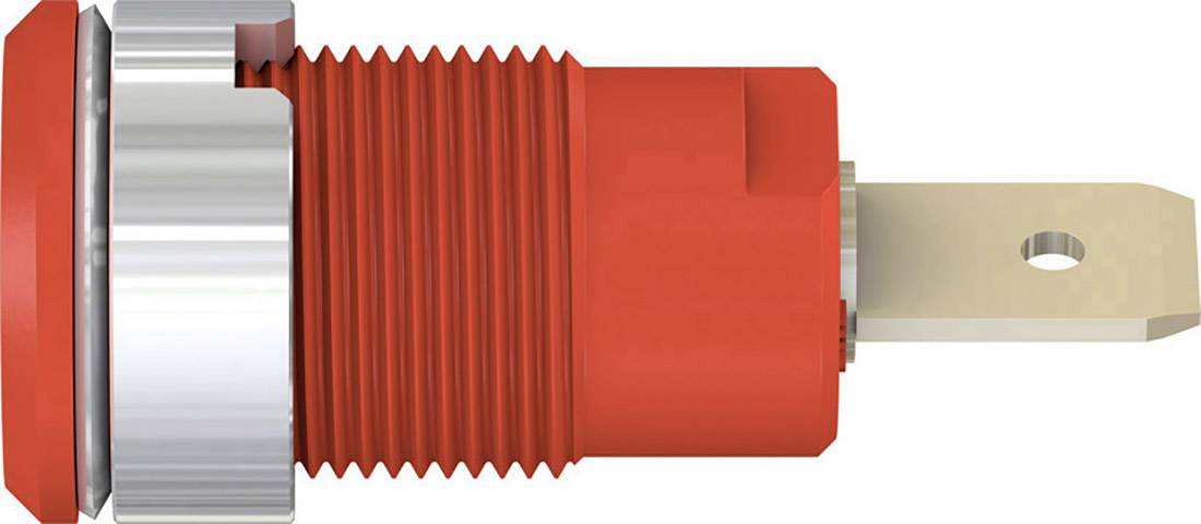 Ein roter, zylindrischer Knopf mit einem silbernen Rand und einem Befestigungsstift.