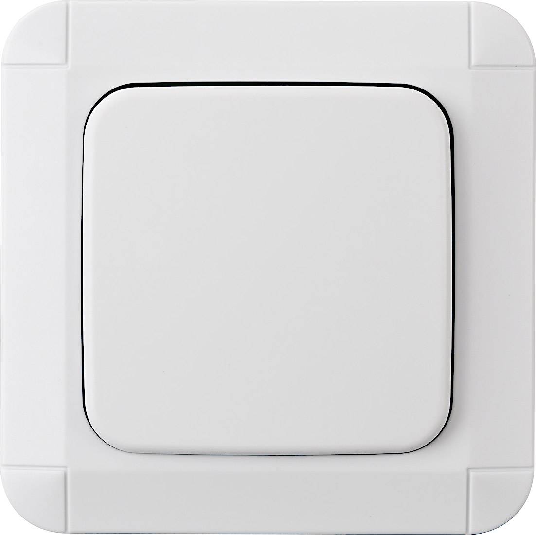Ein weißer Lichtschalter in Nahaufnahme, quadratisch mit abgerundeten Ecken, auf weißer Wand montiert.