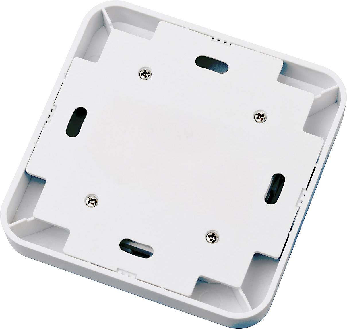 Ein quadratisches, weißes Kunststoffgehäuse mit abgerundeten Ecken und mehreren Befestigungslöchern und Aussparungen auf der Rückseite.