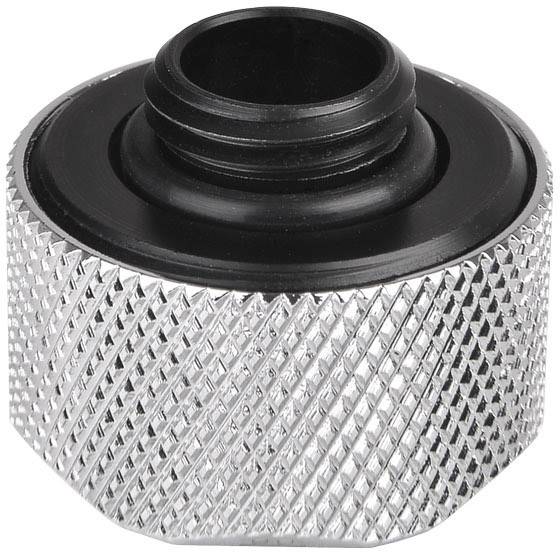 Ein silberner Metallanschluss mit geriffelter Oberfläche und einem schwarzen inneren Bereich, vermutlich für Schlauchverbindungen.