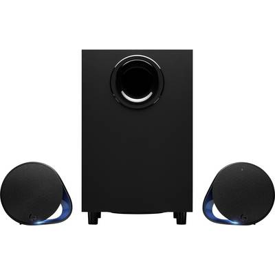 Ein Lautsprechersystem mit einem Subwoofer und zwei Satellitenlautsprechern, erkennbar an blauen Lichtringen an den Seiten.