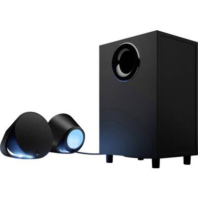 Schwarzes Lautsprechersystem mit zwei Satellitenlautsprechern und einem Subwoofer, beleuchtet durch bläuliche LEDs.