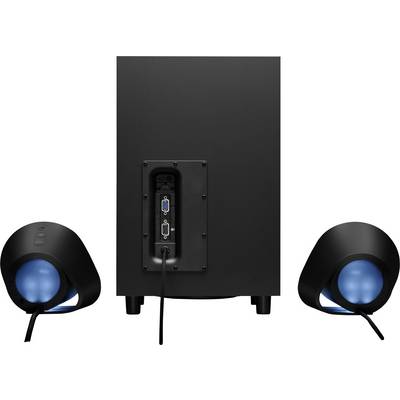 Zwei schwarze Lautsprecher mit blauer Beleuchtung, verbunden mit einem Subwoofer über Kabel. Rückansicht des Subwoofers mit Anschlussports.