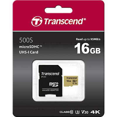 'Transcend 500S microSDHC UHS-I Karte, 16 GB, Lesegeschwindigkeit bis zu 95MB/s, Class 10, U3, V30, 4K.' Verpackung zeigt Karte und Adapter.
