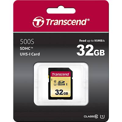 Verpackung einer Transcend SD-Karte, Modell 500S, 32GB Kapazität, Geschwindigkeit bis 95MB/s, SDHC UHS-I Class 10.