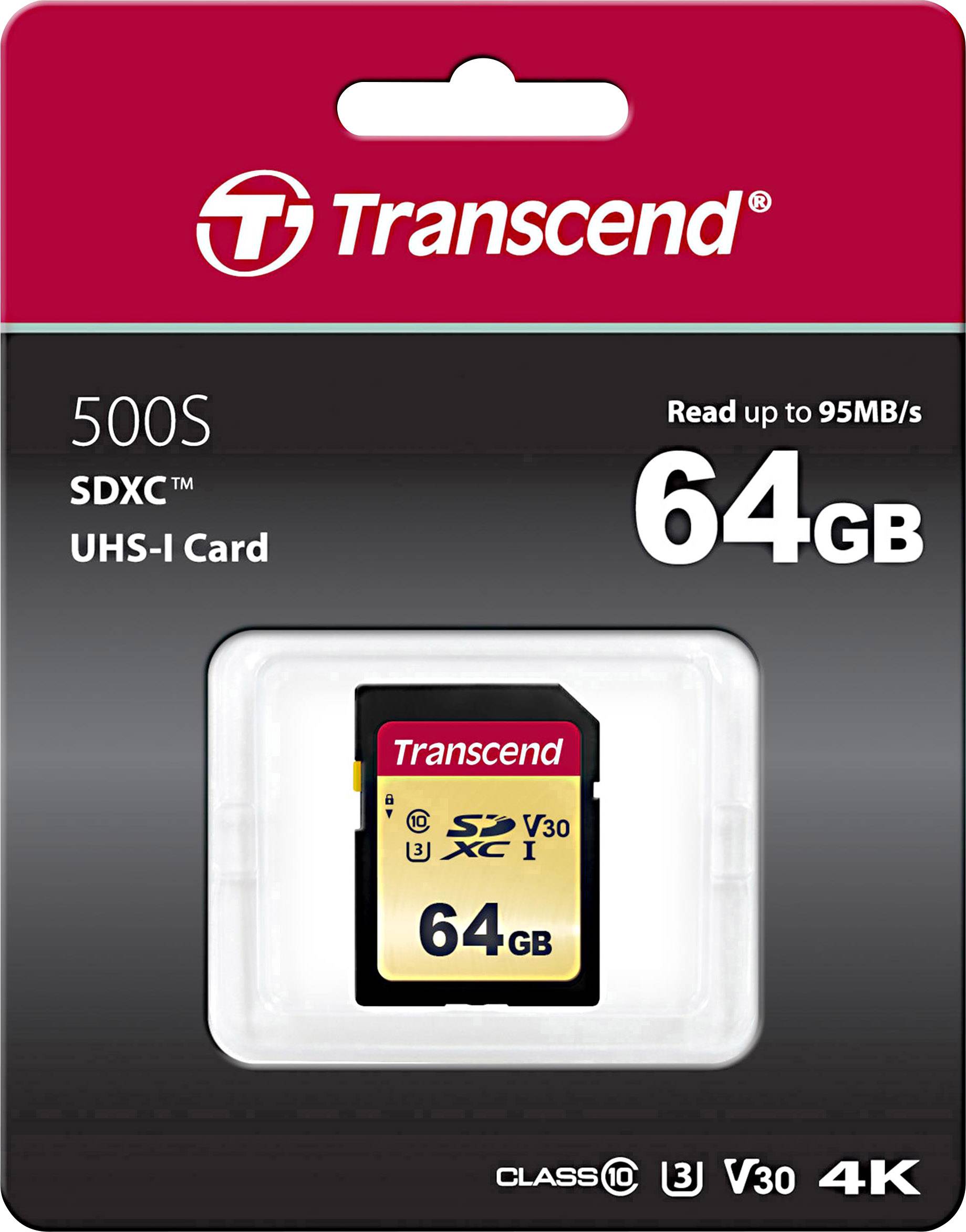 'Transcend 500S SDXC UHS-I Karte, 64GB, Lesegeschwindigkeit bis zu 95MB/s, geeignet für 4K Videoaufnahmen.'