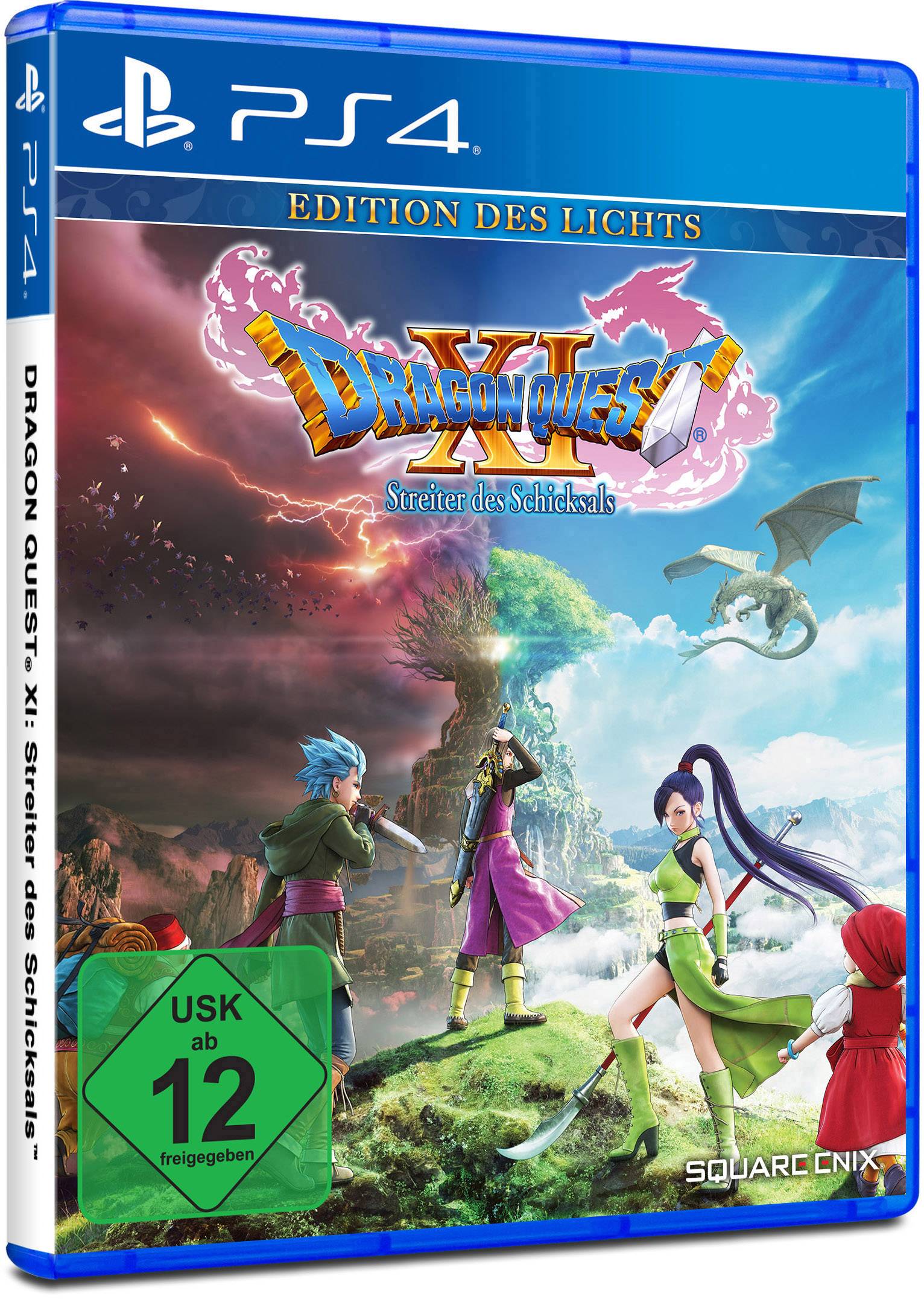 PlayStation 4 Spielhülle von 'Dragon Quest XI: Streiter des Schicksals', Edition des Lichts. Abbildung von Helden und Fantasiewesen. USK ab 12 freigegeben.