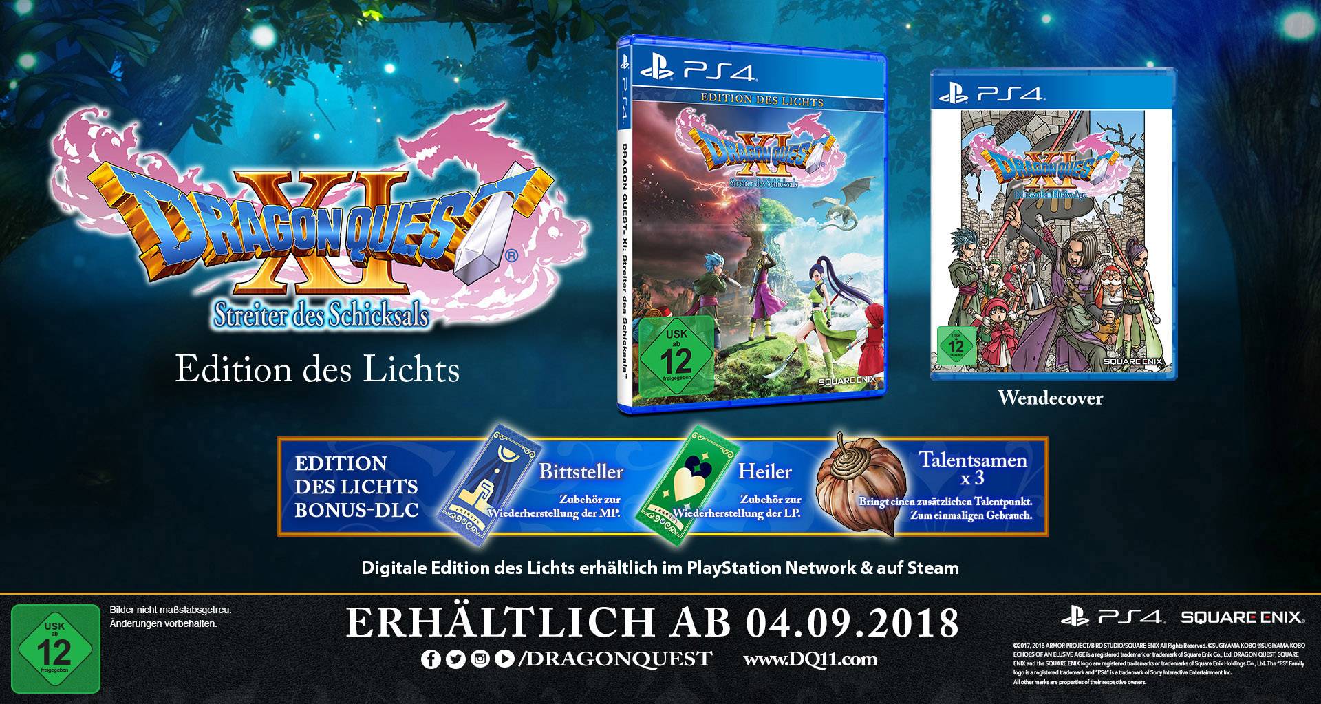 Werbung für 'Dragon Quest XI: Streiter des Schicksals', Edition des Lichts für PS4 mit Bonus-DLC. Verfügbar ab 04.09.2018.