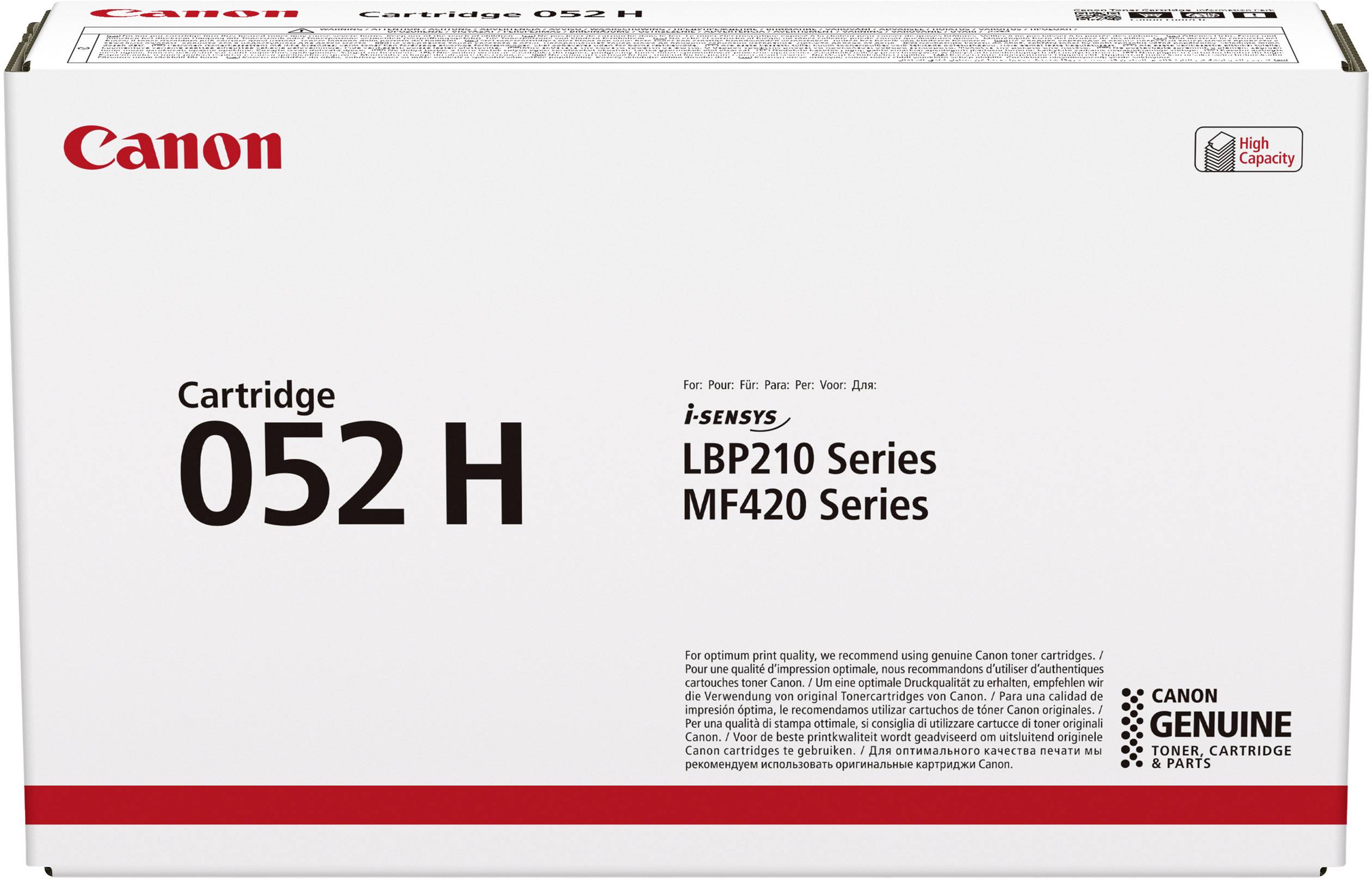 Die Abbildung zeigt eine Canon Toner Cartridge 052 H für i-SENSYS LBP210 und MF420 Series. Verpackung weist auf hohe Kapazität hin.