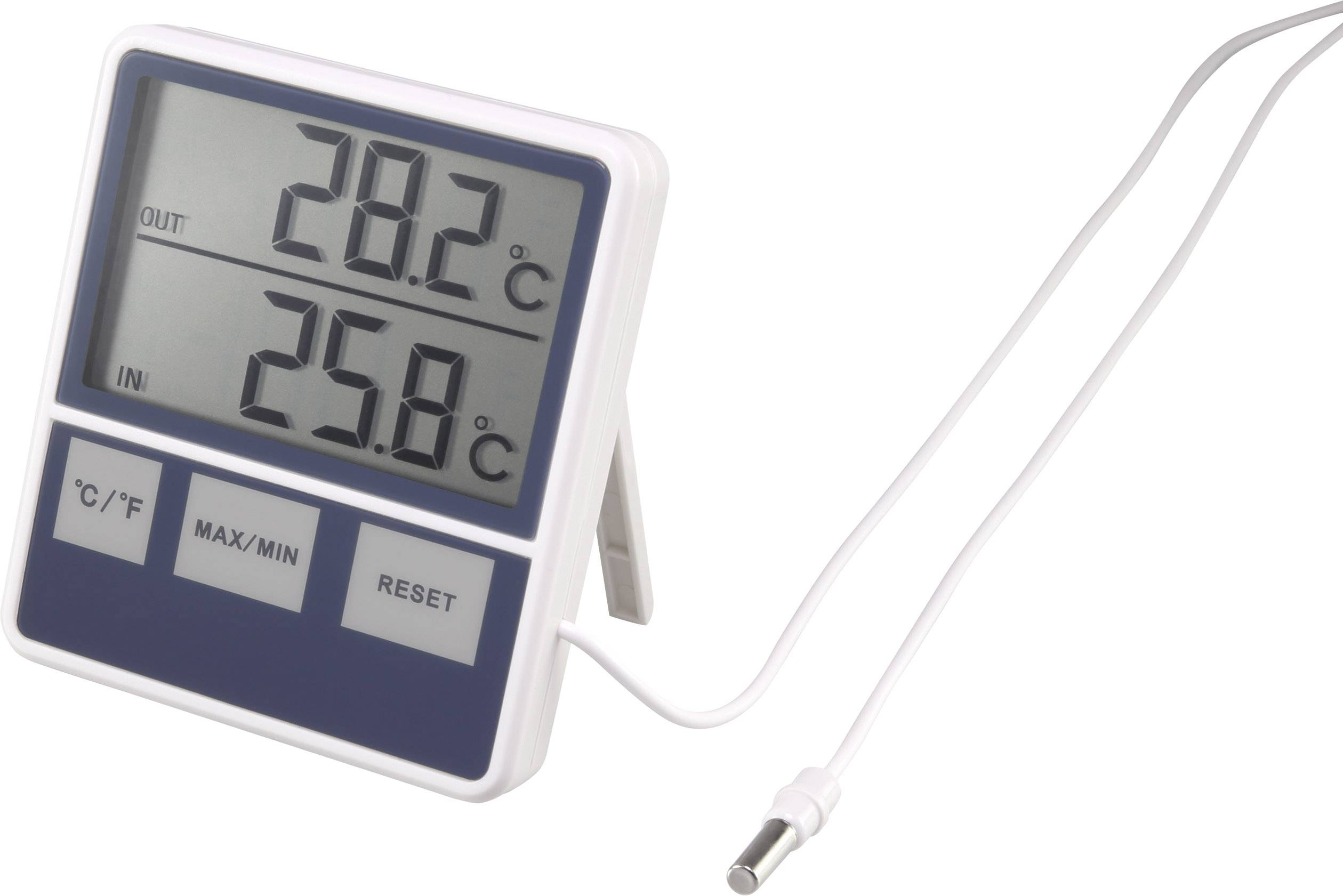 Ein digitales Thermometer mit zwei Messanzeigen zeigt außen 28,2°C und innen 25,8°C an. Unten sind Tasten für °C/°F, Max/Min und Reset.