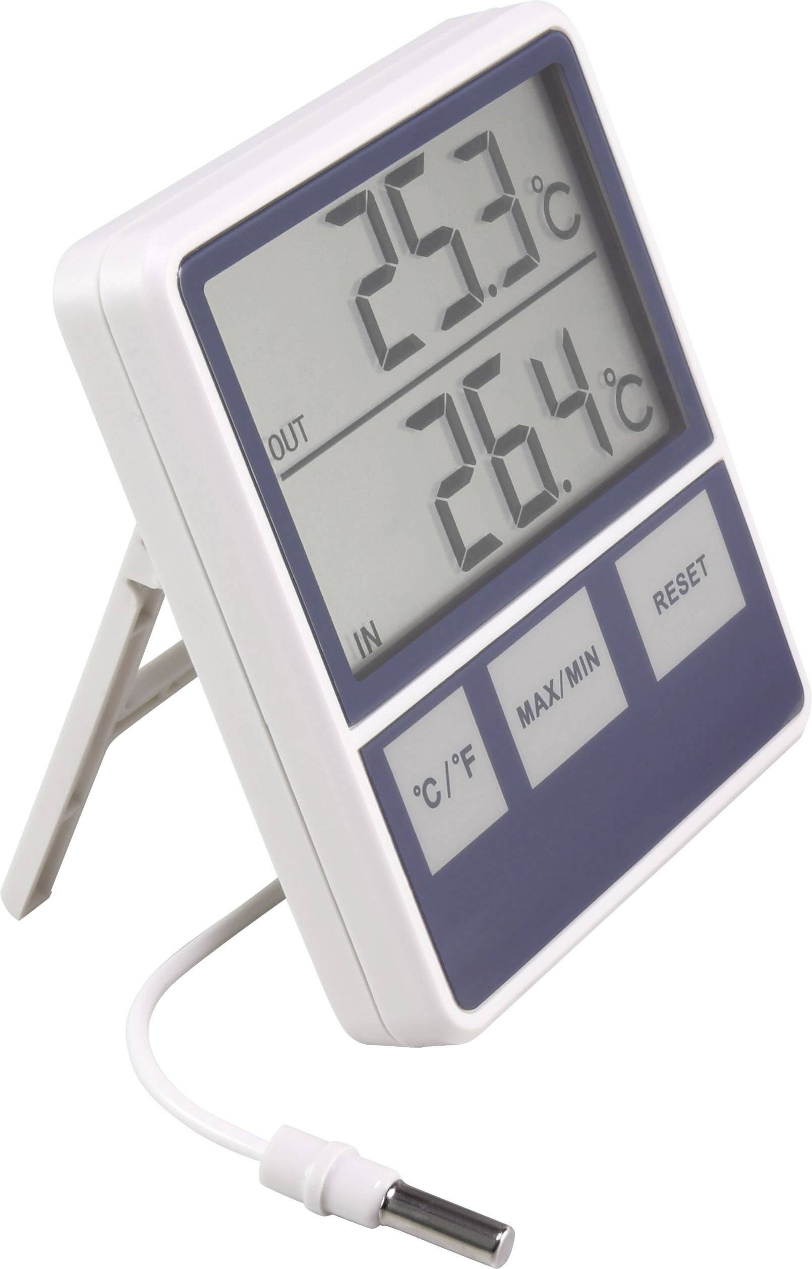 Digitalthermometer zeigt Außentemperatur 25,3°C und Innentemperatur 26,4°C. Gerät mit Displays und Tasten für Einstellungen.
