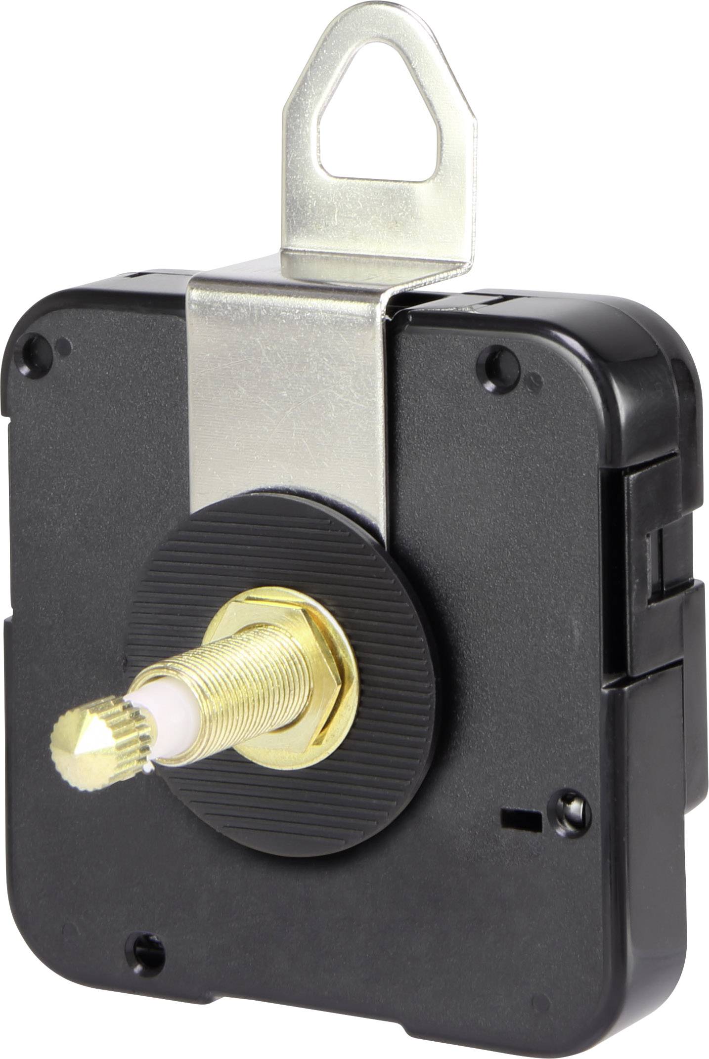 Ein schwarzes Uhrwerk mit einem hervorstehenden goldenen Zahnrad und silbernem Haken oben.