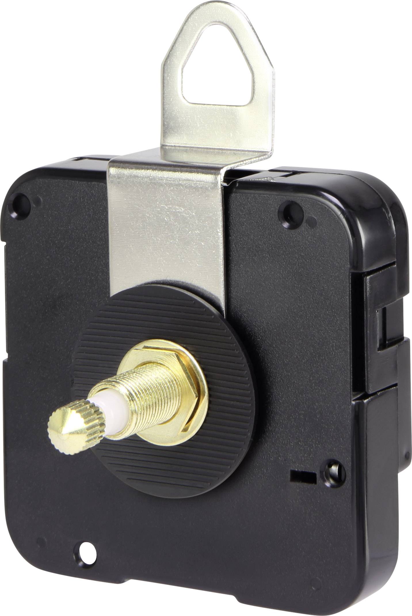 Schwarz-goldenes Uhrwerk mit zentraler Welle und Metallaufhänger. Verwendet für Wanduhren, zeigt keinen Uhrzeiger an.