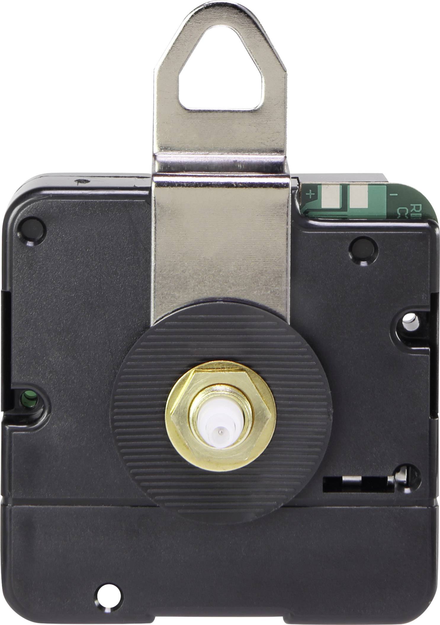 Uhrwerk mit Metallöse, Schraubgewinde und grüner Leiterplatte, Vorderansicht.