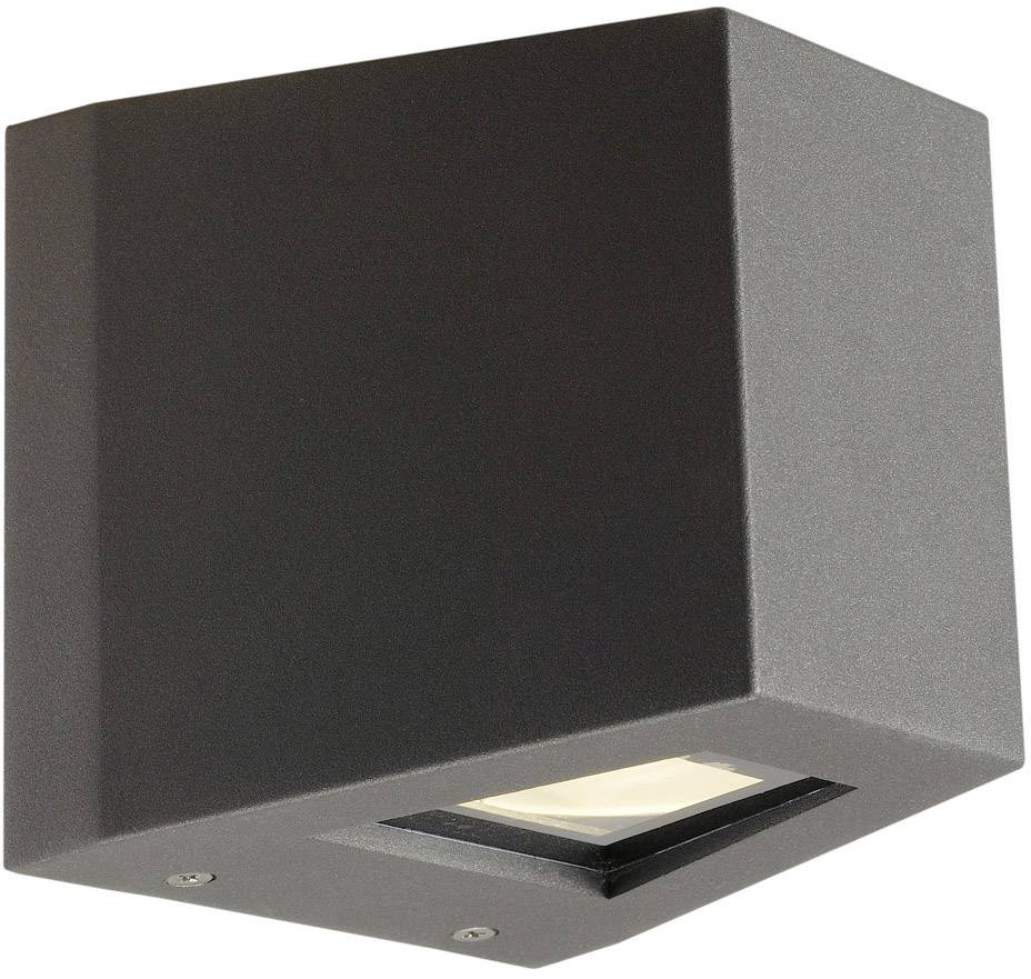 Eine schwarze, rechteckige Wandleuchte mit nach unten gerichtetem Licht. Ideal für moderne Außenbeleuchtung.