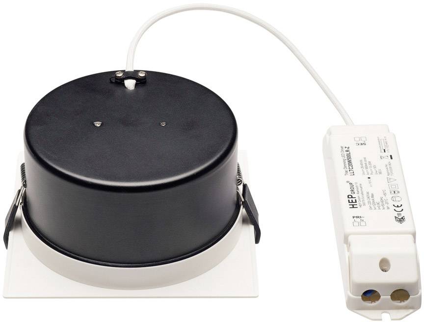 Ein schwarzer LED-Deckeneinbaustrahler mit rechteckigem Rahmen und angeschlossenem elektronischem Vorschaltgerät auf weißem Hintergrund.