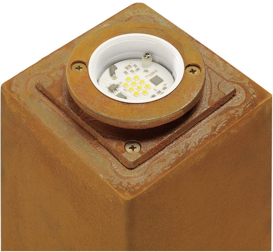 Eine rostfarbene Außenleuchte aus Metall mit sichtbaren LEDs, montiert auf einer rechteckigen Basis.