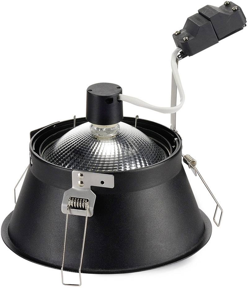 Eine schwarze Downlight-Leuchte mit Glühbirne und Metallklammern zur Befestigung. Oben sind Kabel und ein Steckverbinder sichtbar.