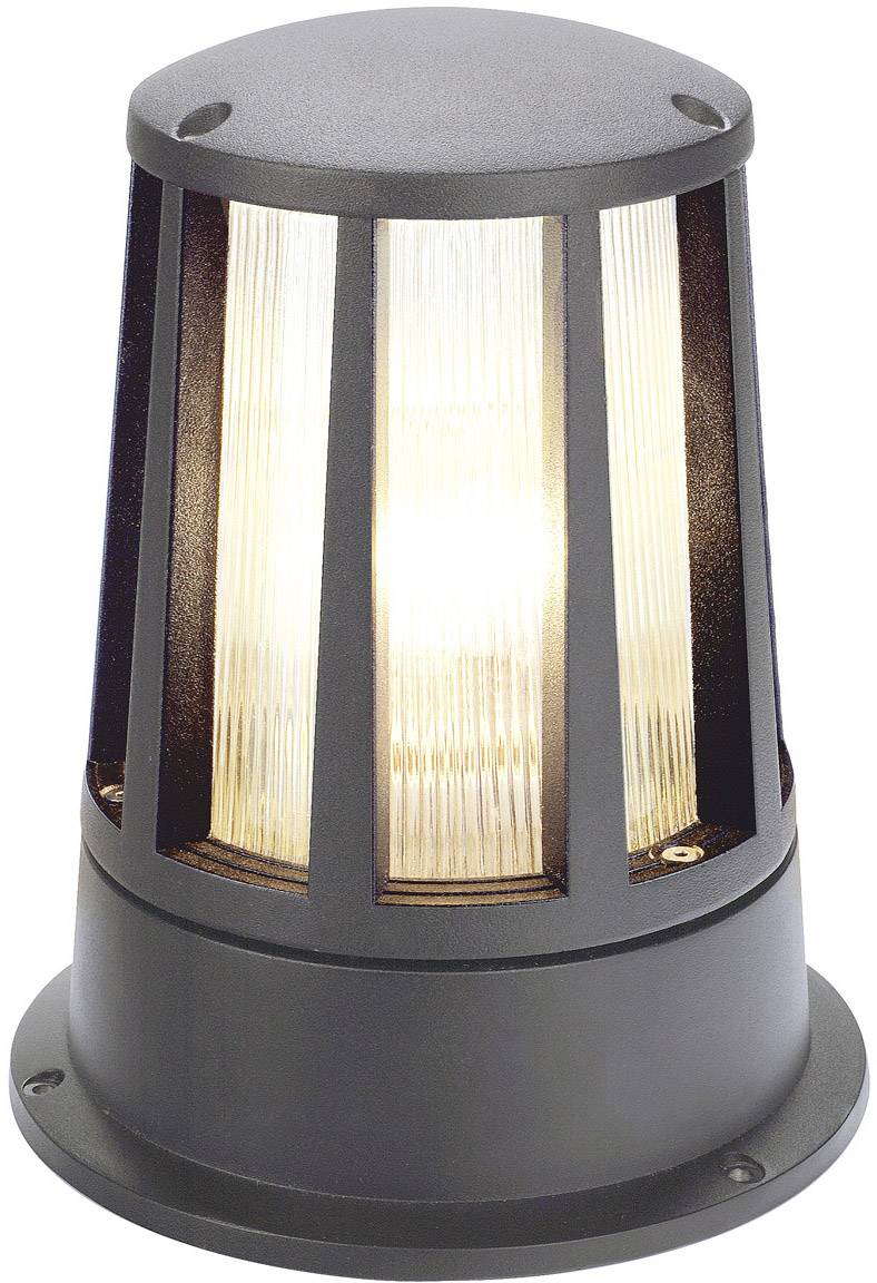 Außenlampe mit schwarzem, zylindrischem Rahmen und transparentem Glas, durch das helles Licht scheint.
