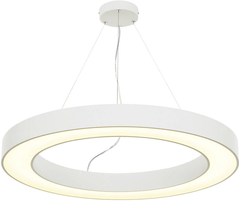 Runde, moderne Hängelampe mit weißem Ring und integriertem LED-Licht, an dünnen Kabeln von der Decke hängend.