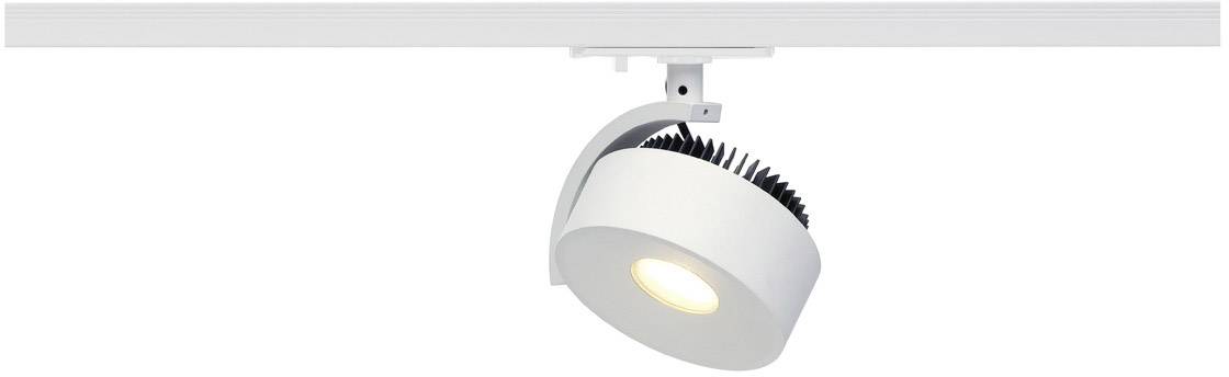 Ein weißer, runder LED-Strahler ist an einer Schiene montiert. Der Strahler hat Kühlrippen und ist schwenkbar, ideal für zielgerichtete Beleuchtung.