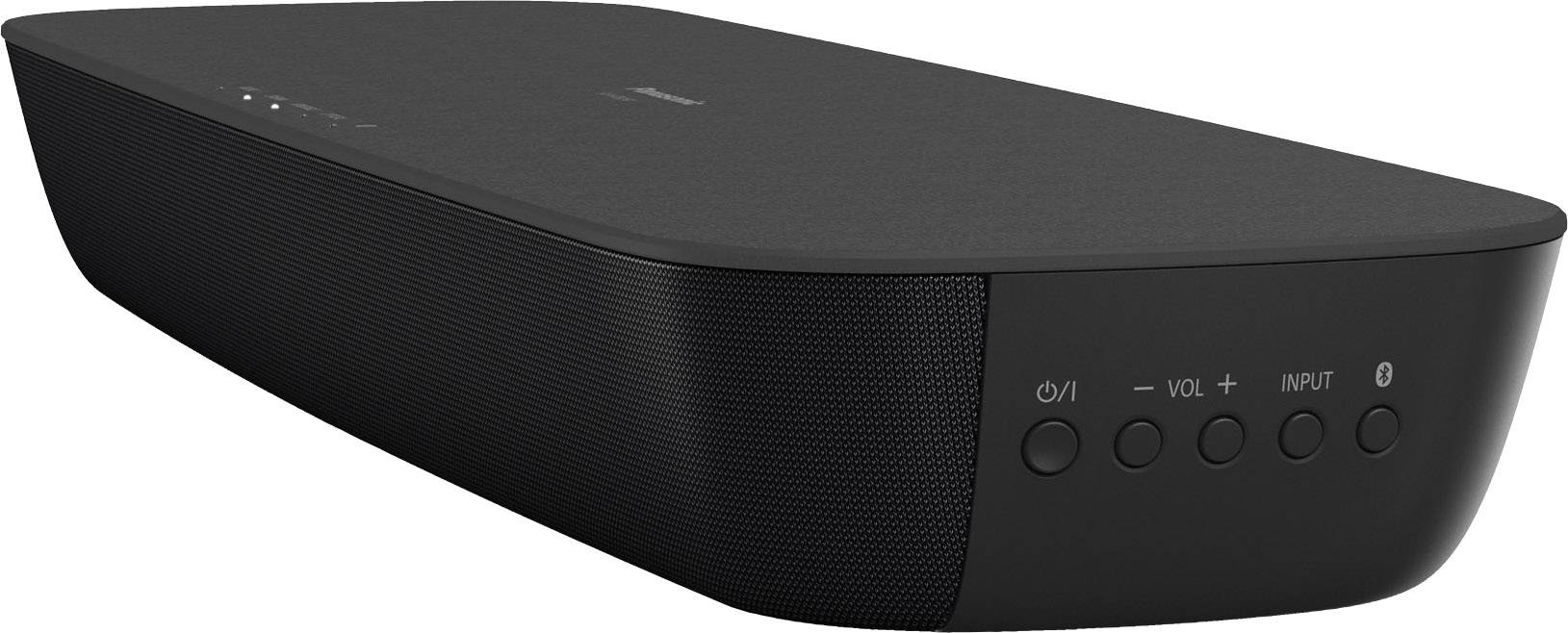 Schwarze Soundbar mit bedienbaren Tasten an der Seite für Ein/Aus, Lautstärke und Eingabeumschaltung, dient der Audioverstärkung.