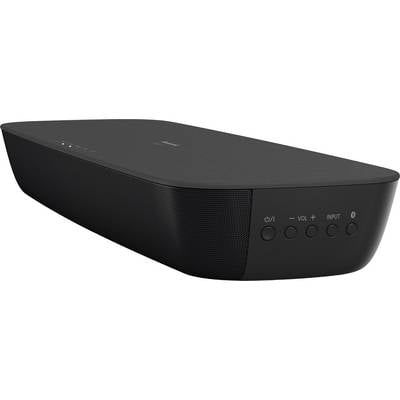 Schwarze Soundbar mit bedienbaren Tasten an der Seite für Ein/Aus, Lautstärke und Eingabeumschaltung, dient der Audioverstärkung.