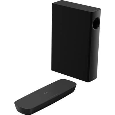 Ein schwarzer Lautsprecher und Subwoofer-Set. Der Lautsprecher ist rechteckig und der Subwoofer groß und schlank. Beide sind nebeneinander.