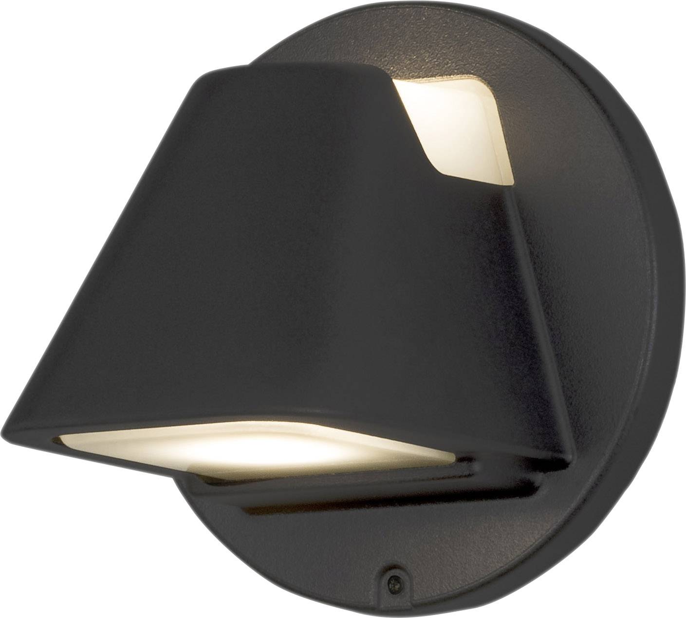 Schwarze Wandleuchte mit modernem Design, die nach unten gerichtetes warmes Licht abgibt.