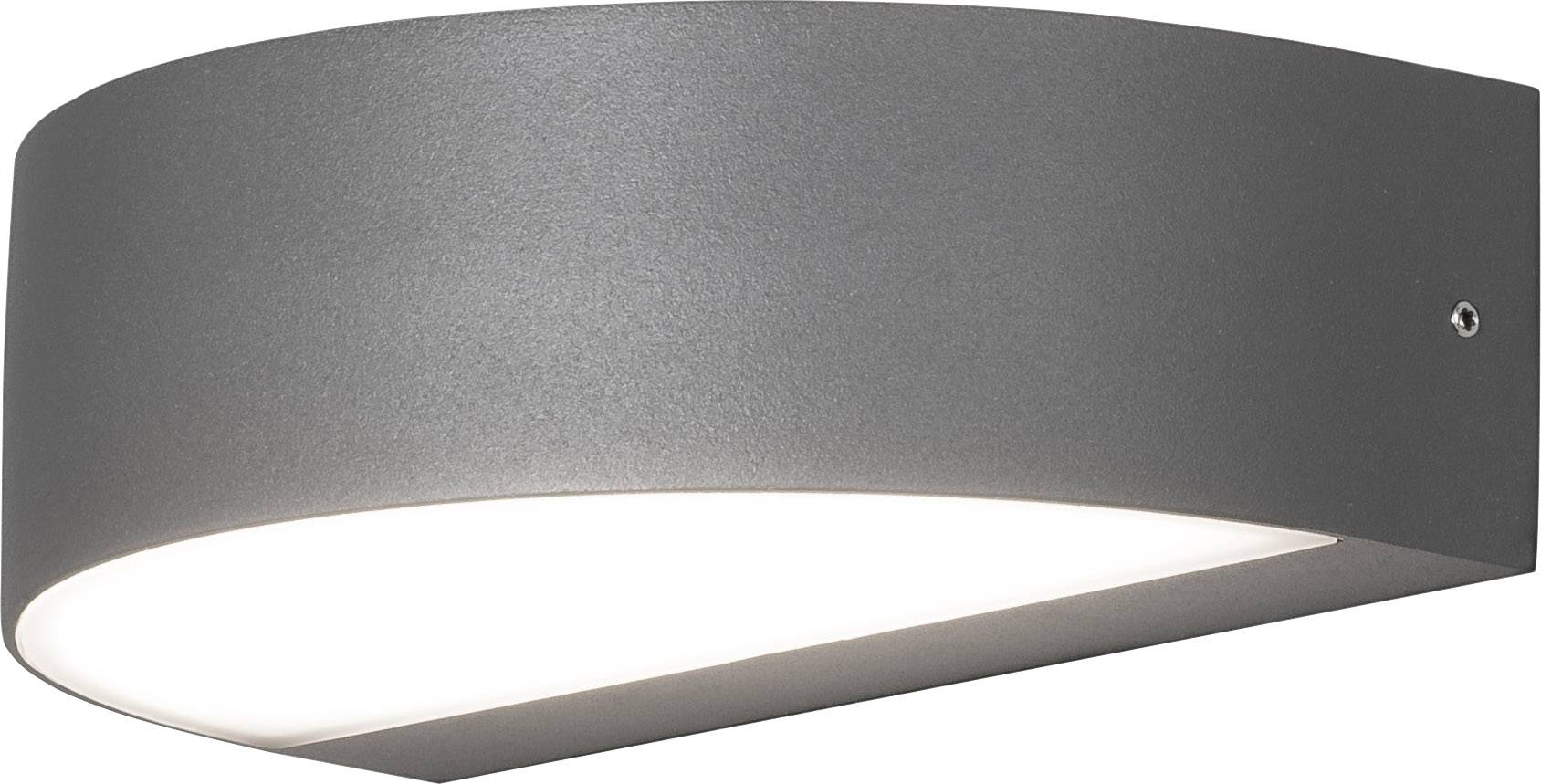 Graue, moderne Wandleuchte mit gebogenem Design und diffuser Lichtabstrahlung nach unten. Ideal für stilvolle Innenraumbeleuchtung.