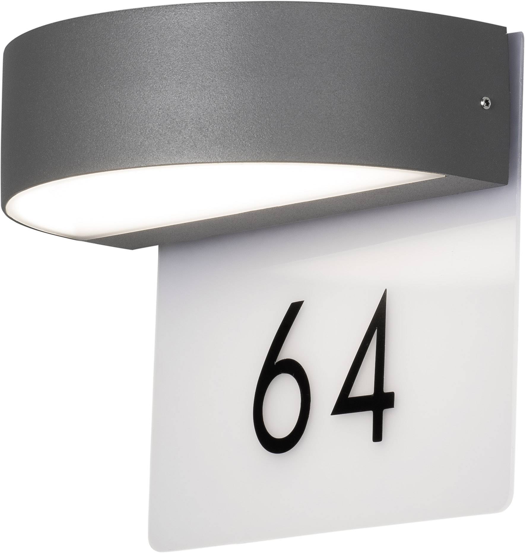 Wandleuchte aus Metall mit Nummer 64 auf weißem Schild darunter.
