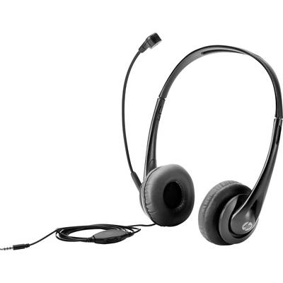 Schwarzes Headset mit verstellbarem Mikrofon und gepolsterten Ohrmuscheln, verbunden durch ein Kabel mit einem 3,5-mm-Klinkenstecker.