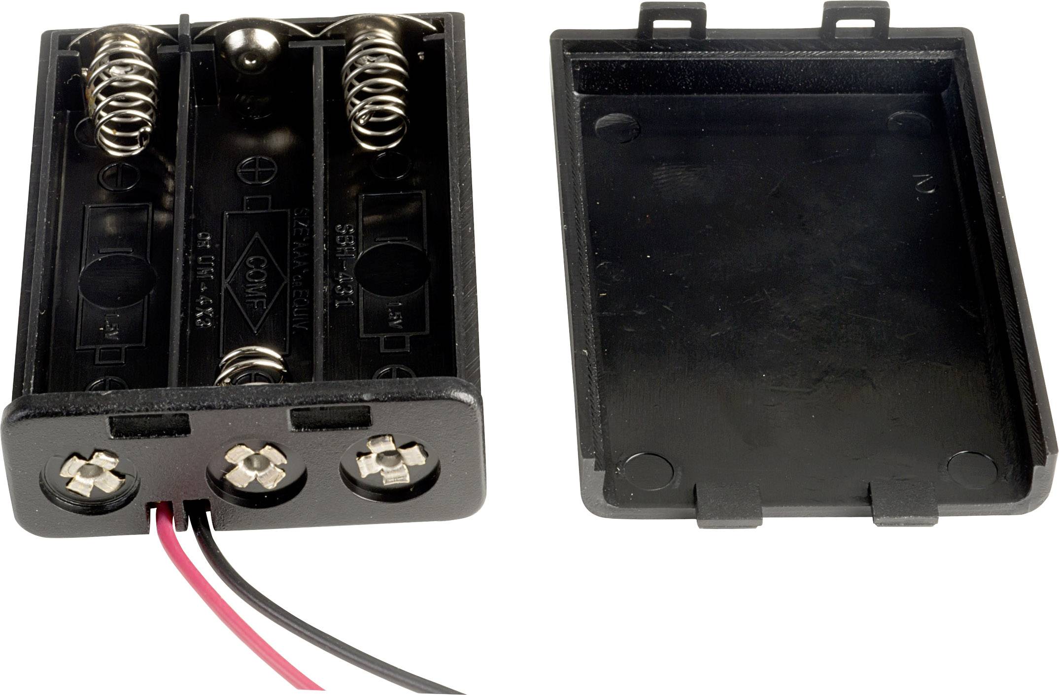 Batteriehalter aus schwarzem Kunststoff mit Platz für zwei AA-Batterien, geöffnet, zeigt Federn und elektrische Anschlüsse.