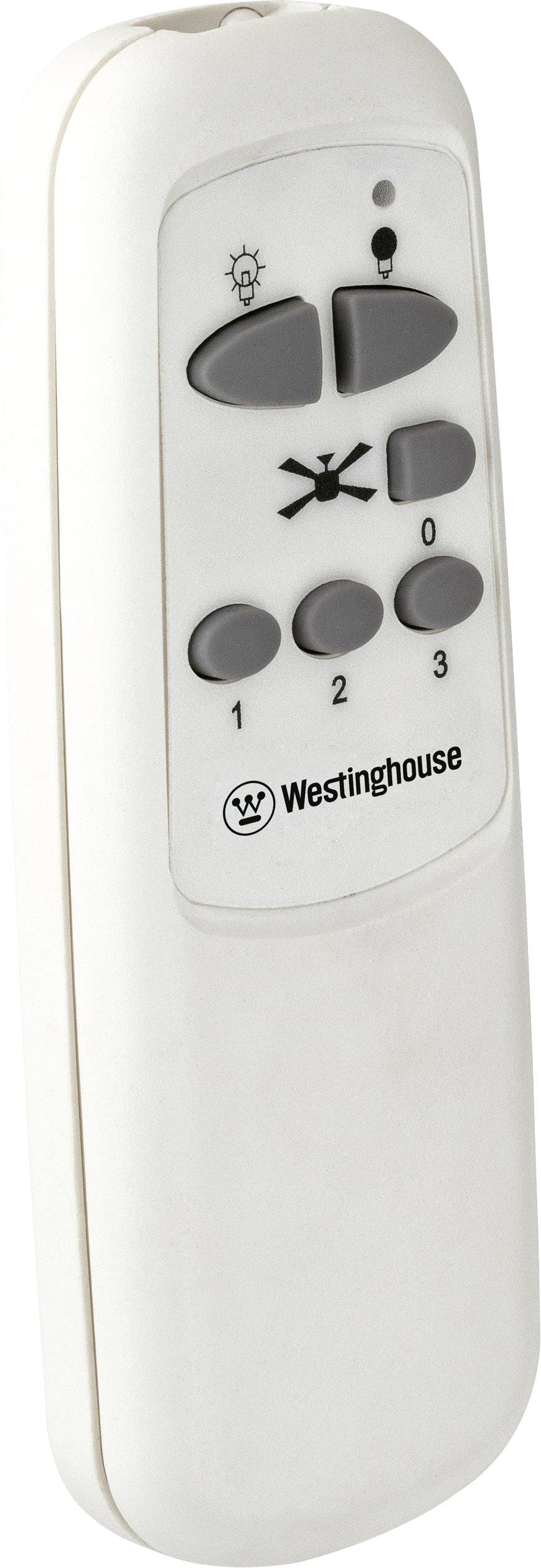 Weiße Fernbedienung von Westinghouse mit vier Tastenreihen. Oben Symbole für Licht und Ventilator, darunter Nummern 1-3.