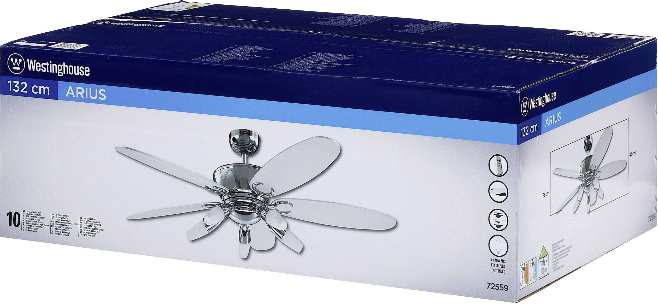 Ein Karton mit einem Deckenventilator von Westinghouse, Modell Arius, 132 cm. Zeigt das Produkt mit Details zur Energieeffizienz.
