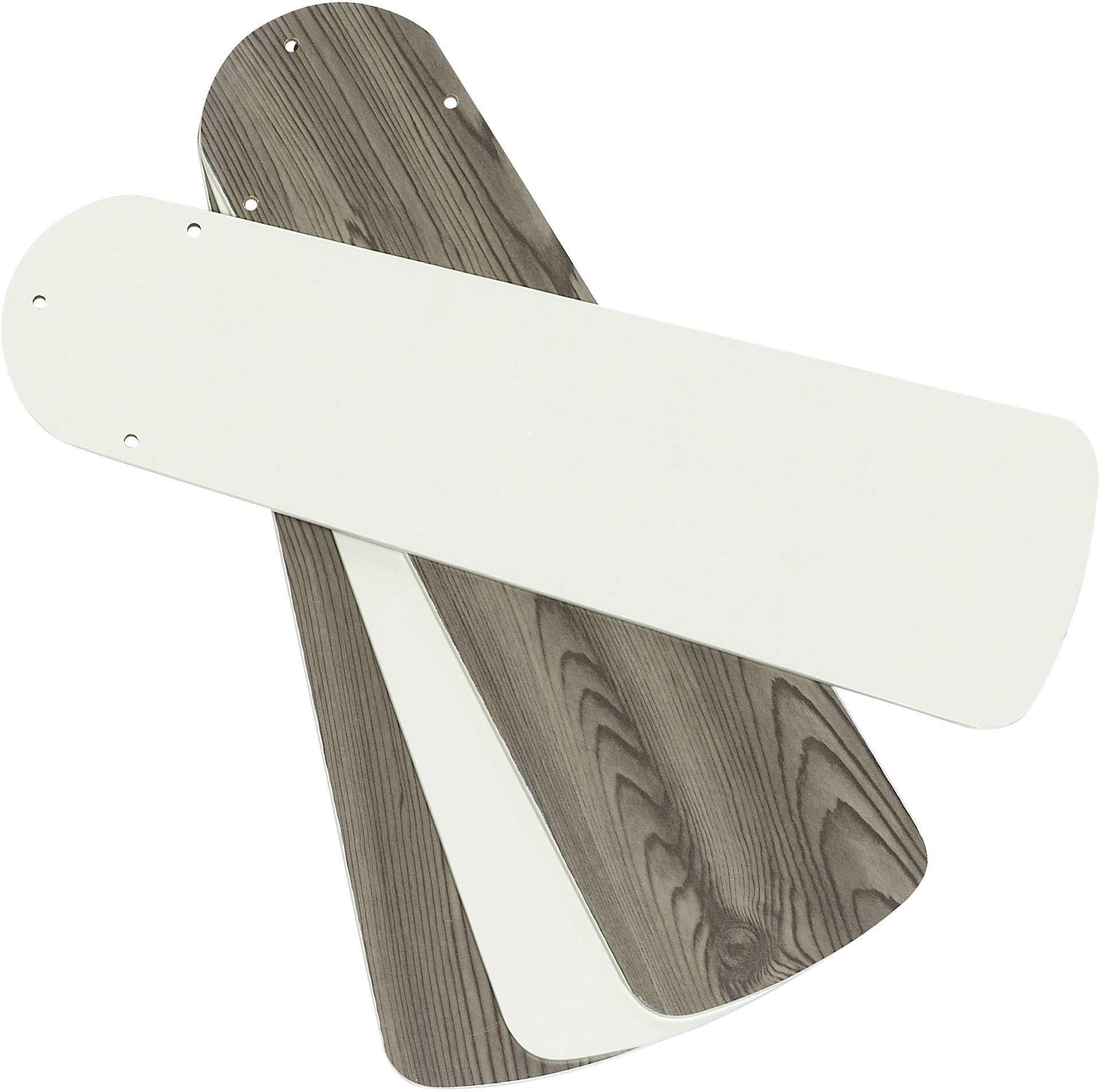 Vier Ersatzflügel für einen Ventilator, zwei in Holzoptik und zwei in Weiß, liegen überlappend nebeneinander.