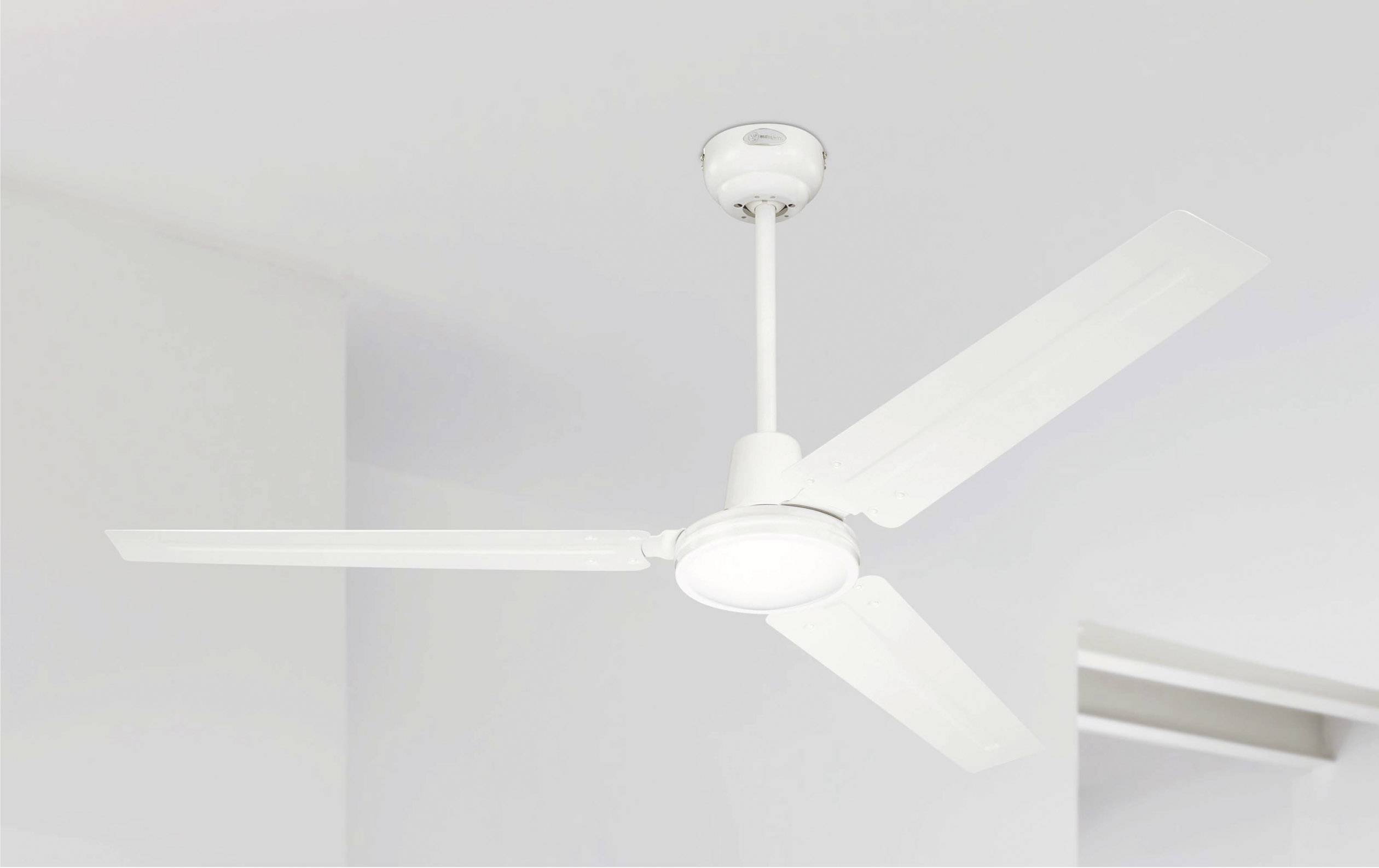 Ein weißer Deckenventilator mit drei Flügeln ist an der Decke eines hellen Raumes montiert.