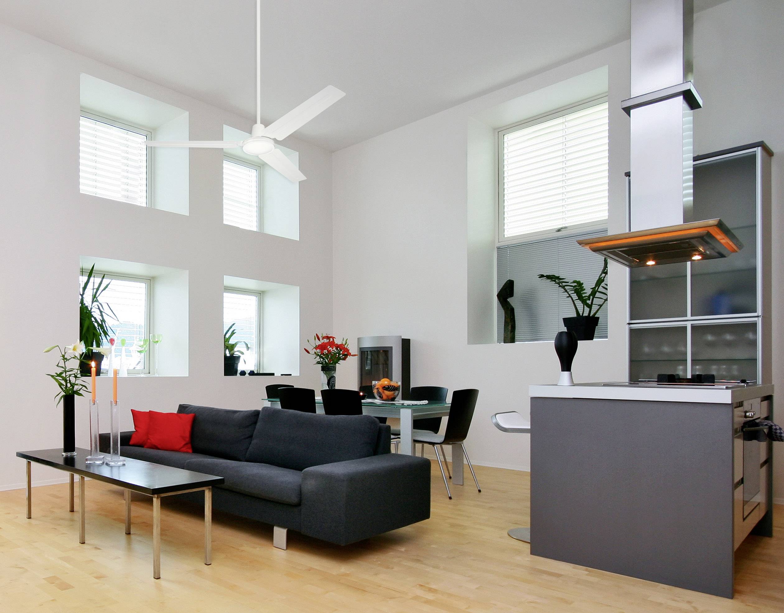 Ein modernes Wohnzimmer mit offener Küche. Schwarzes Sofa vor kleinem Tisch, Essbereich mit Tisch und Stühlen, helle Wände und Parkettboden.