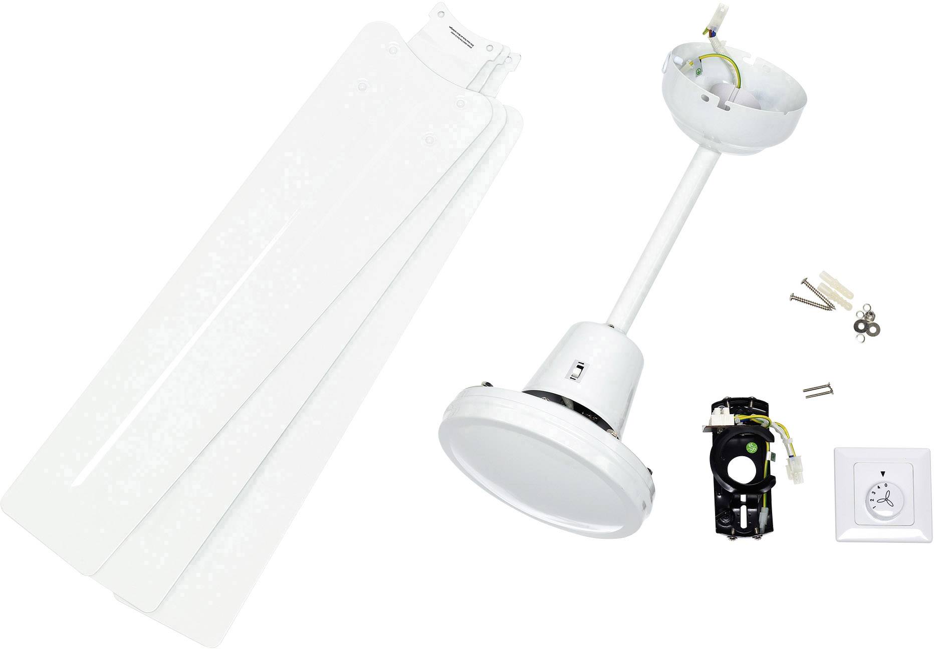 Deckenventilator im zerlegten Zustand mit drei weißen Flügeln, einem Motor, Montageset und einem Schalter in Weiß.