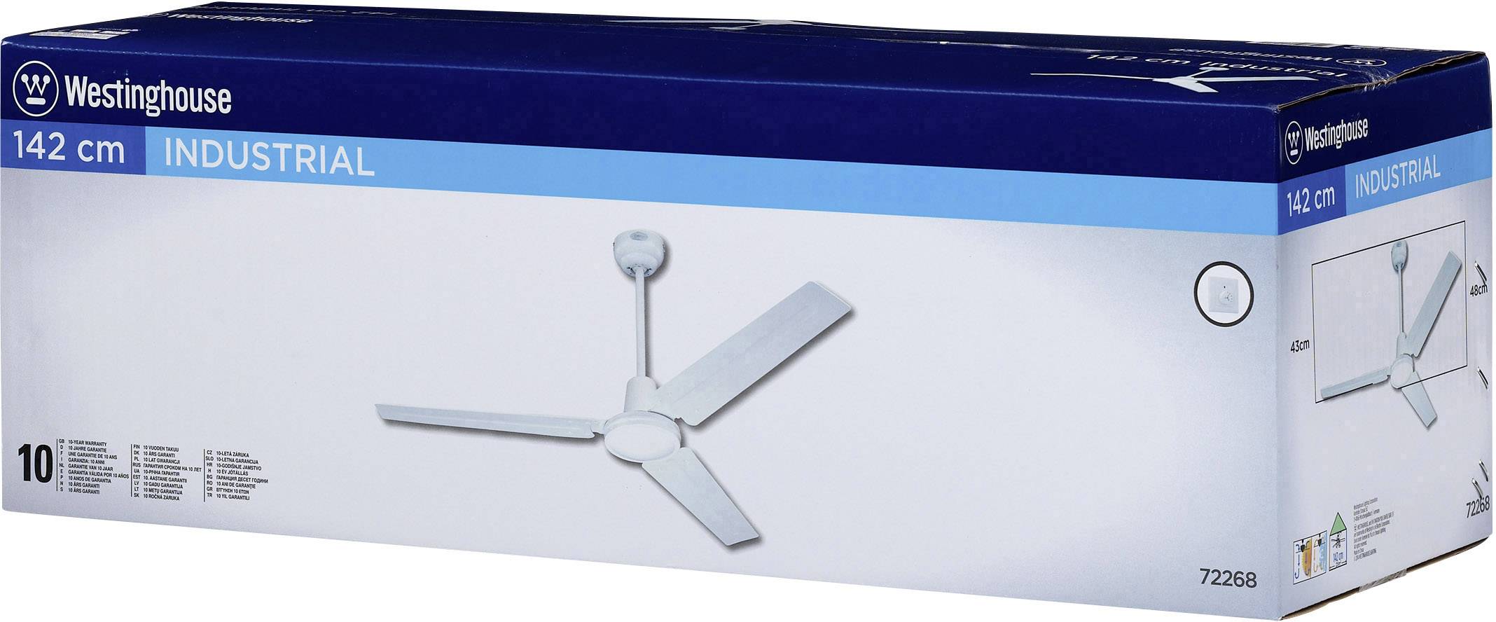 Verpackung eines weißen Deckenventilators mit drei Flügeln, Markenname 'Westinghouse', Modell 'Industrial', 142 cm Durchmesser.