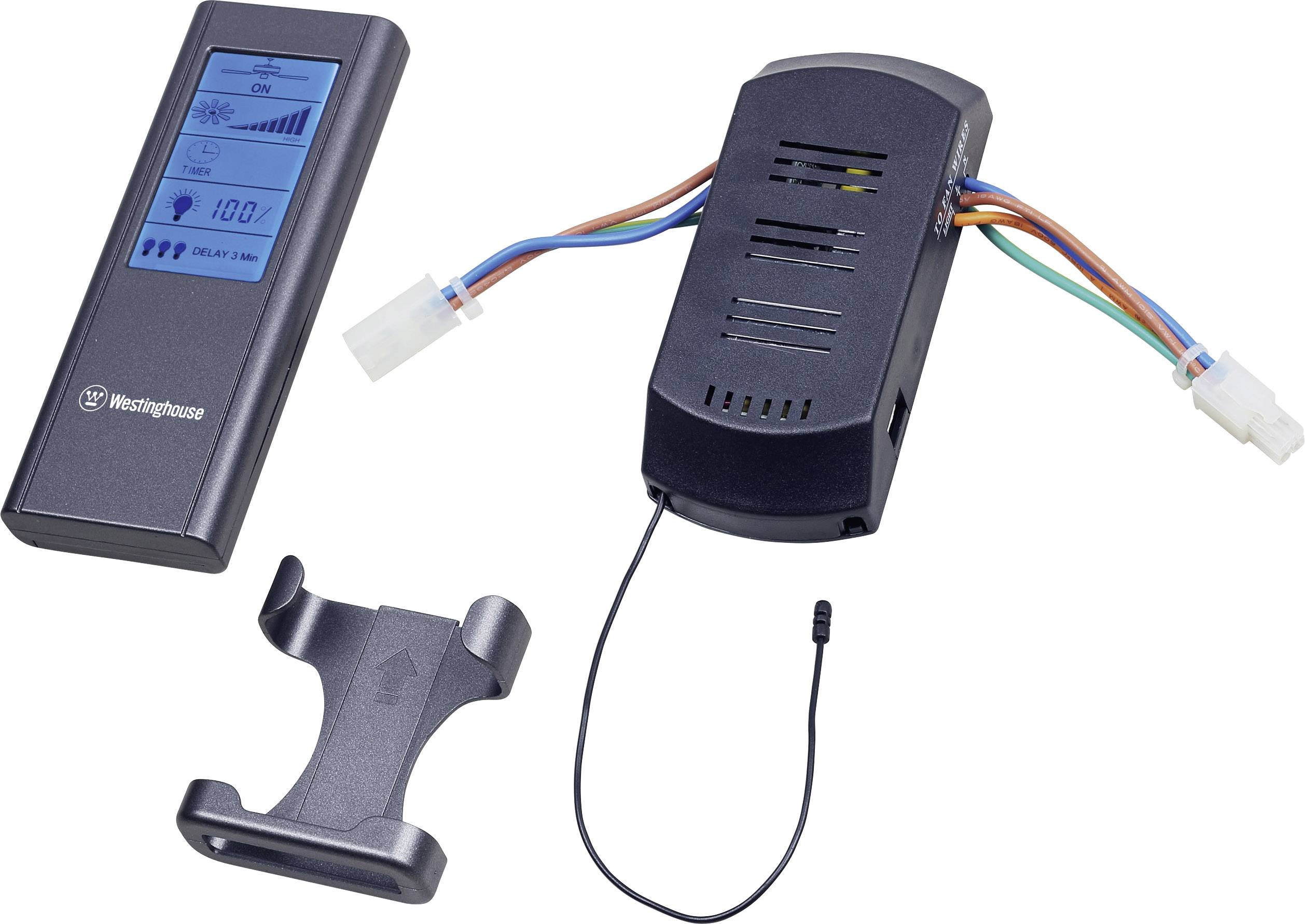 Kit zur Deckenventilator-Steuerung mit Fernbedienung, Empfängerbox und Halterung. Die Fernbedienung zeigt Geschwindigkeit und Licht an.