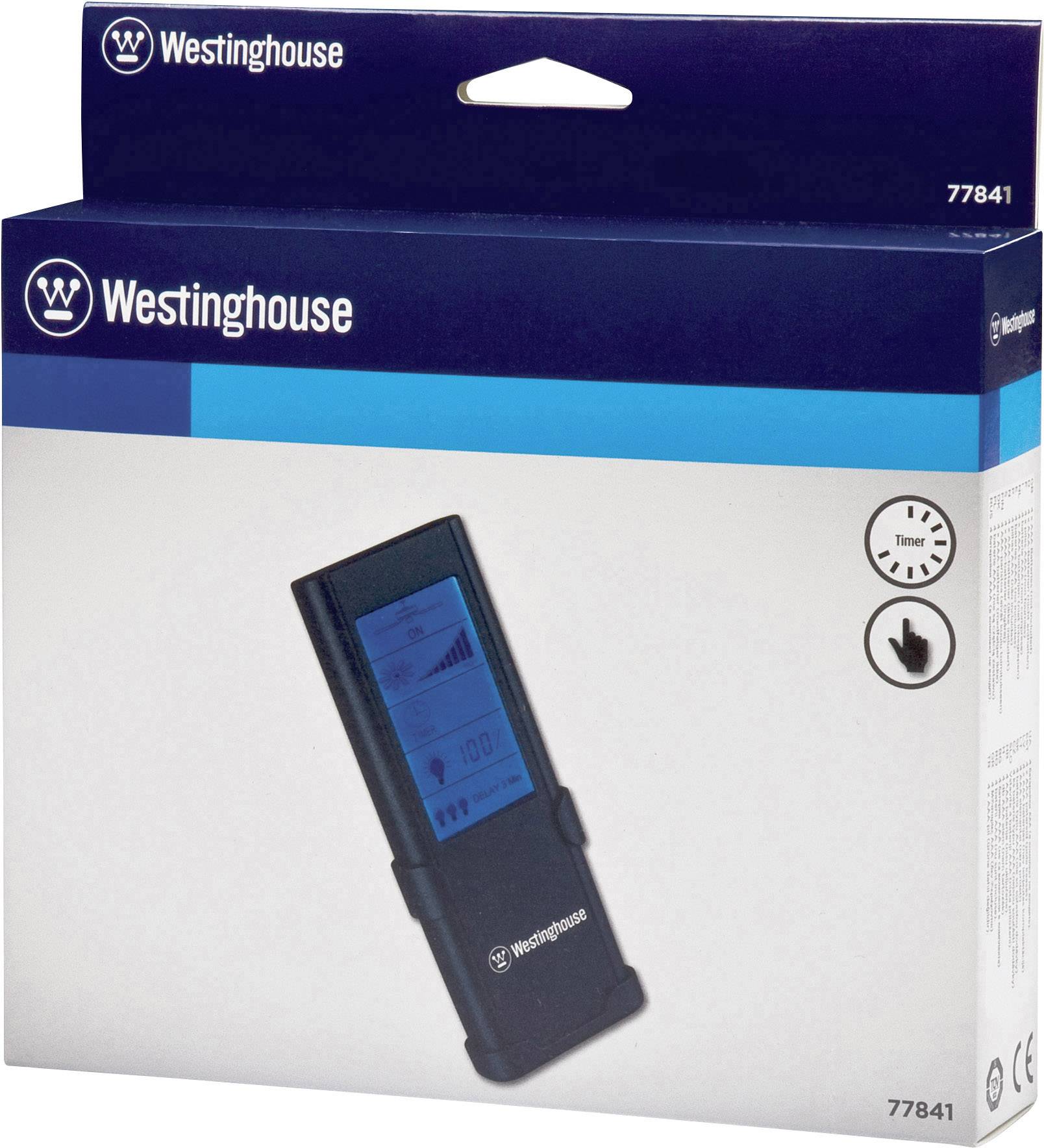 Verpackung eines Westinghouse-Dimmers mit Fernbedienung. Zeigt das Produkt mit blauer Anzeige und 'Timer'- und 'Touch'-Symbolen.