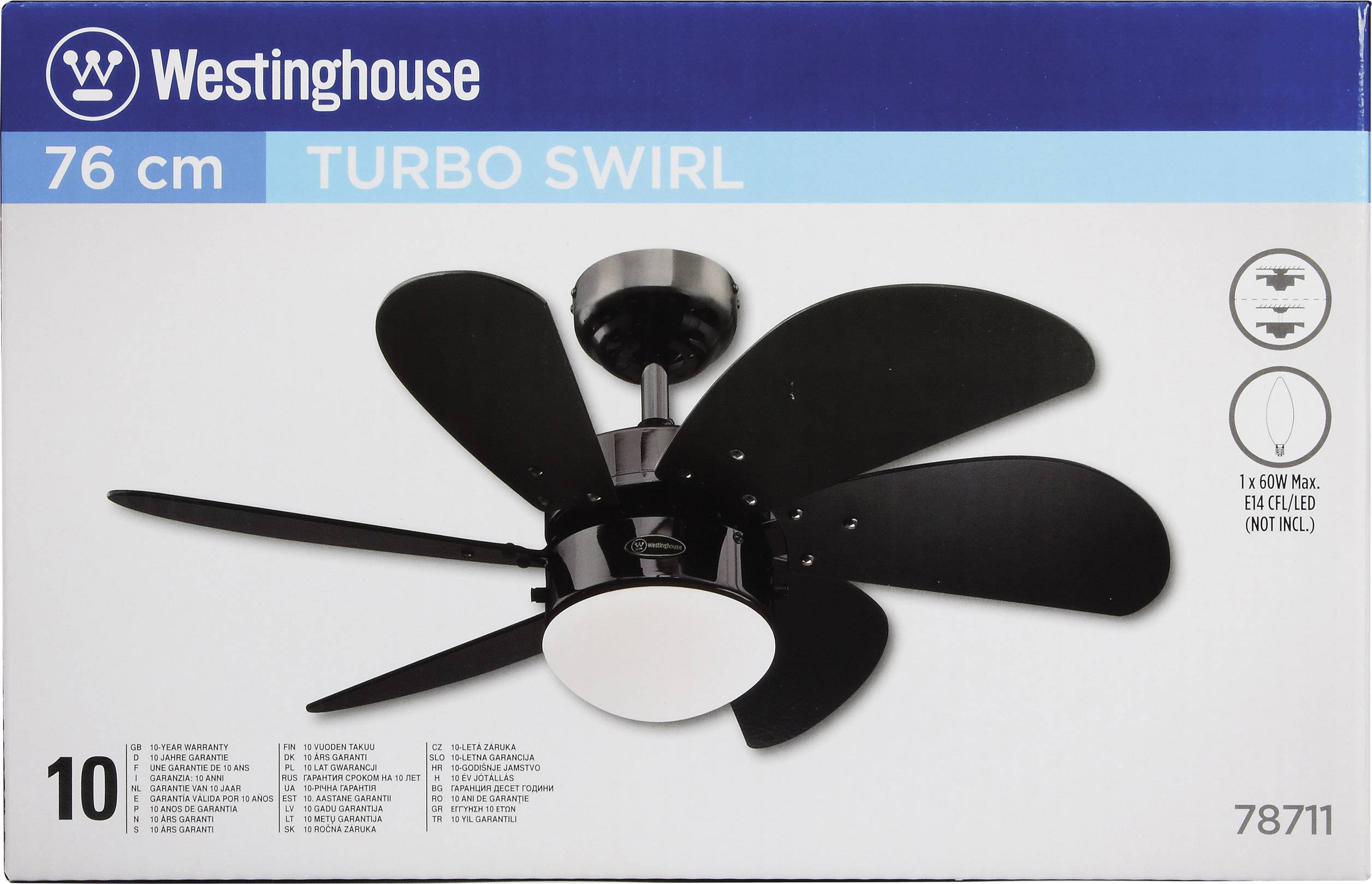 Ein schwarzer Deckenventilator 'Westinghouse Turbo Swirl' mit fünf Blättern, 76 cm Durchmesser. Verpackung mit Details und Modellnummer 78711.