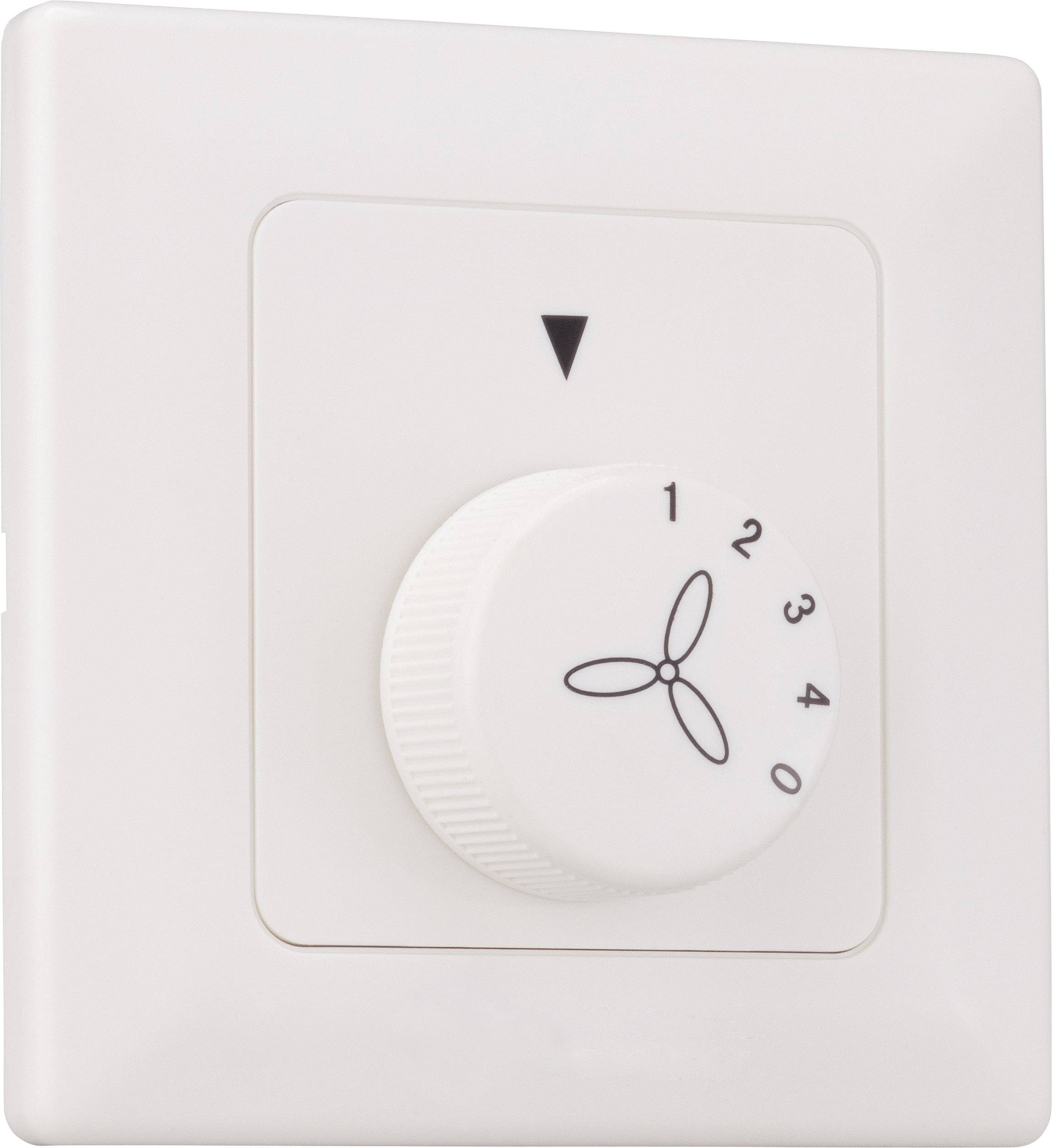 Ein weißer Drehregler an der Wand mit einer Skala von 0 bis 4 und einem Ventilator-Symbol, zeigt eine Steuerung für einen Ventilator an.