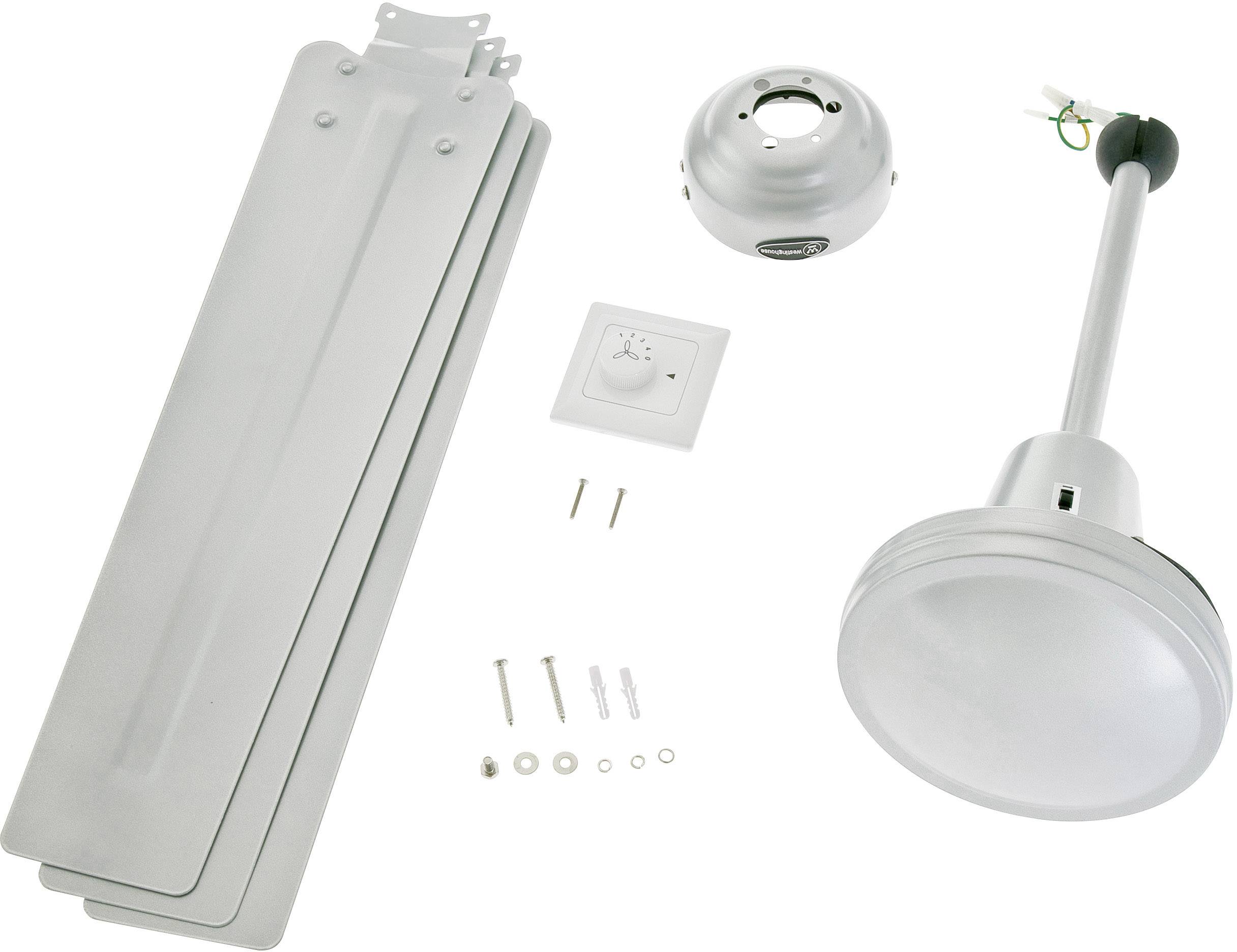 Ventilator-Bausatz bestehend aus drei Rotorblättern, Deckenhalterung, Abdeckung, Befestigungsmaterialien und einem Lichtschalter.