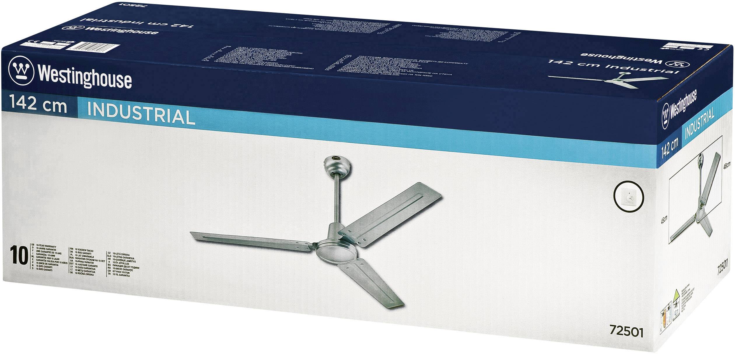 Verpackung eines Deckenventilators von Westinghouse, Modell 'Industrial', 142 cm Durchmesser, mit drei Flügeln und detaillierten Spezifikationen.