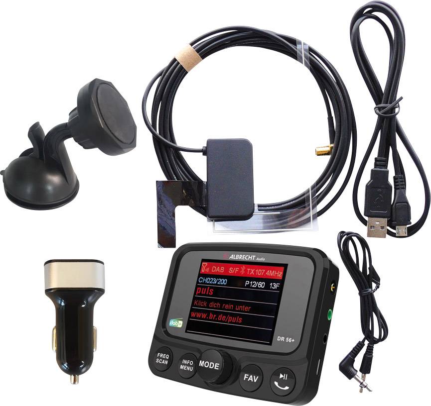 Autozubehör-Kit mit Halterung, Kabeln, USB-Anschluss und einem digitalen Displaygerät zur Radioverbindung.