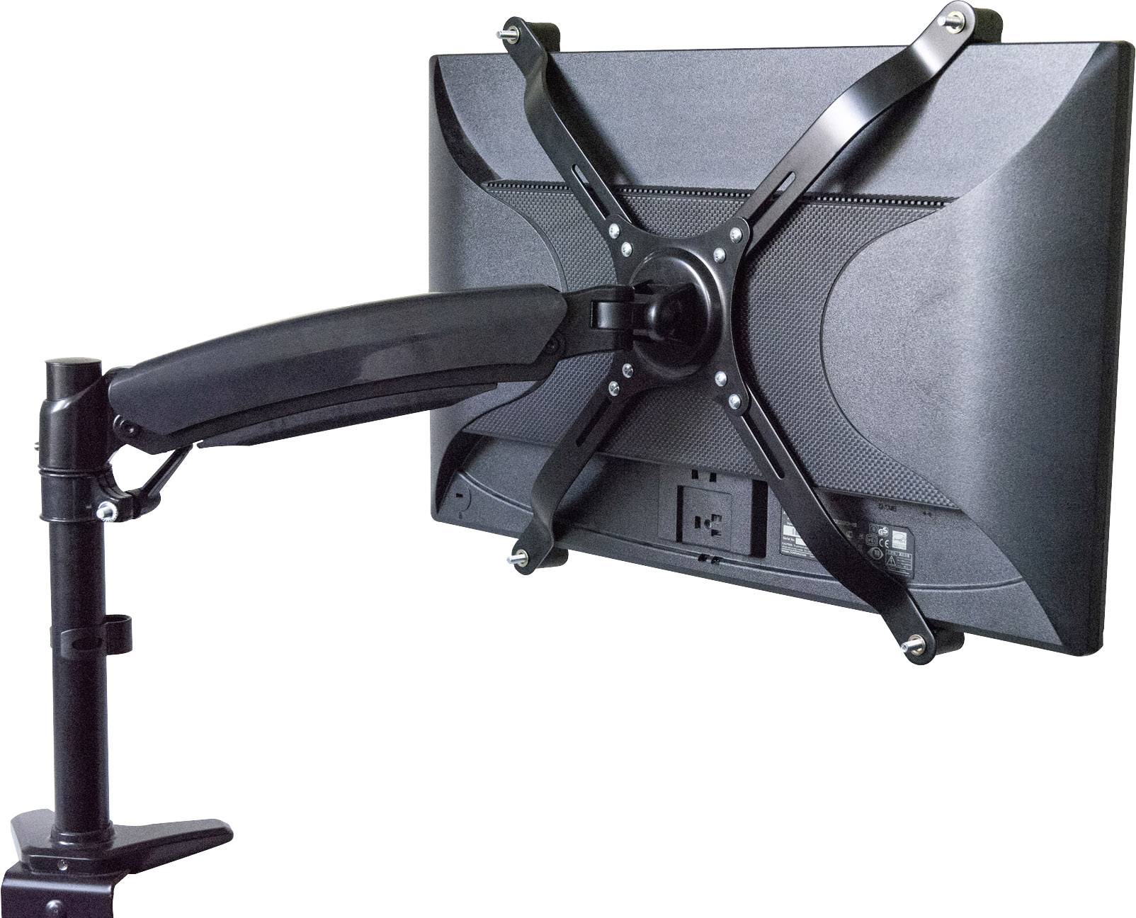 Rückansicht eines Computermonitors an einer schwenkbaren Halterung. Die Halterung ermöglicht flexible Positionierung des Bildschirms.