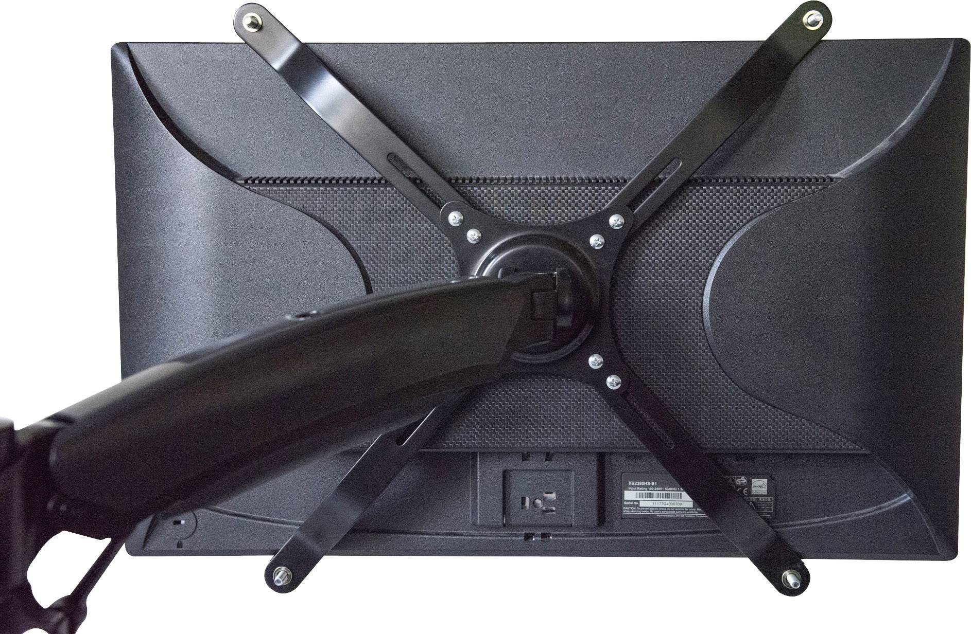 Rückseite eines Computer-Monitors, befestigt an einem verstellbaren Arm mit VESA-Halterung; zeigt Anschlüsse und Schrauben.